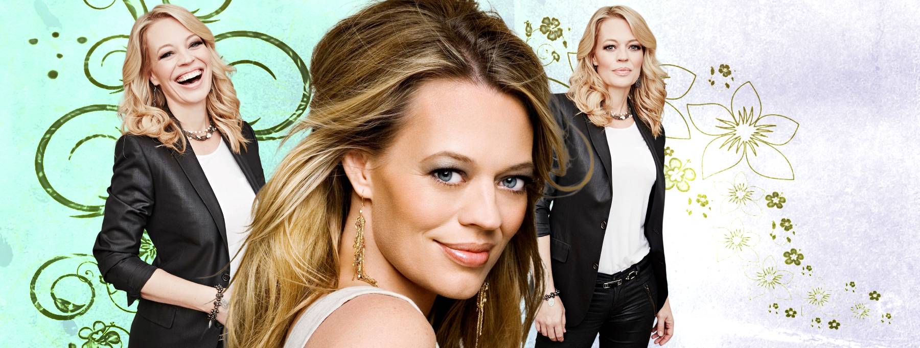 Jeri Ryan, in three portraits over a mint and lavender floral background